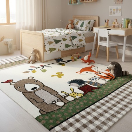 Kinderteppich mit Waldtieren, cremefarbener Samt, weich, 13 mm, verspielt und natürlich fürs Schlafzimmer