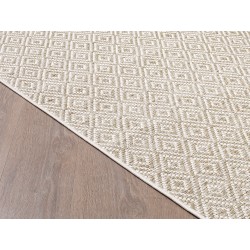Flat woven indoor/outdoor rug with a durable geometric pattern. Rug for living room, patio, or balcony.
