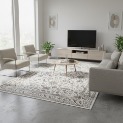 Tapis classique couleur crème à motif oriental détaillé avec bordure décorative