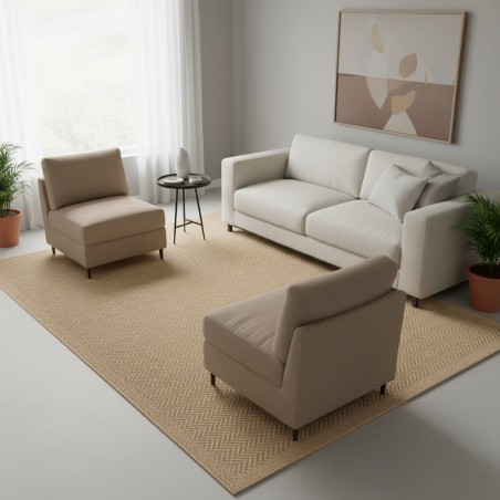 Alfombra plana tejida para interiores y exteriores con un estampado de espiga natural, duradera y fácil de cuidar.