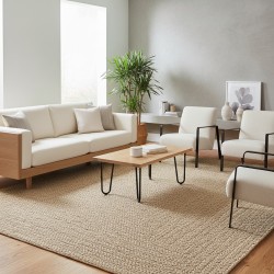 Alfombra plana tejida para interiores y exteriores con diseño de marco gráfico. Duradera y fácil de cuidar.