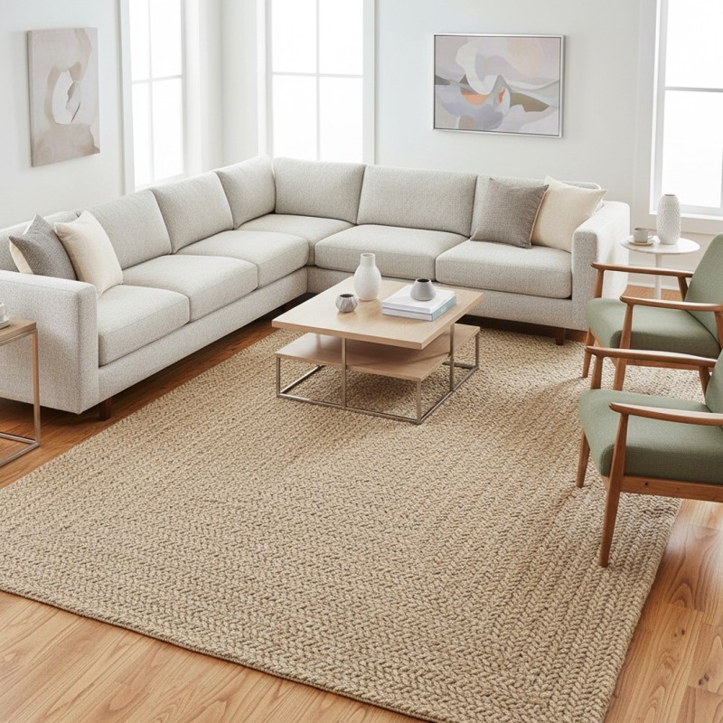 Flat woven indoor/outdoor rug with a graphic frame design. Durable and easy to care for.