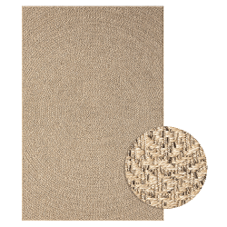 Flat woven indoor/outdoor rug with a modern circular pattern, durable and easy to care for.
