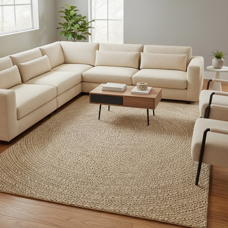 Flat woven indoor/outdoor rug with a modern circular pattern, durable and easy to care for.