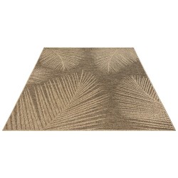 Flat woven indoor/outdoor rug with tropical leaf pattern, durable and easy to clean.