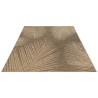 Flat woven indoor/outdoor rug with tropical leaf pattern, durable and easy to clean.