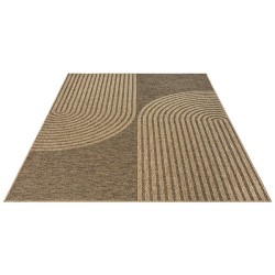 Flat woven indoor/outdoor rug with a modern rounded graphic pattern, durable and easy to clean.