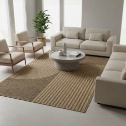 Alfombra plana de tejido plano para interiores y exteriores con un moderno estampado gráfico redondeado, duradera y fácil de