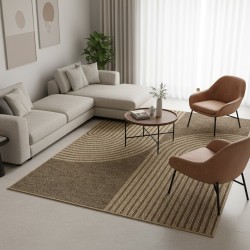 Alfombra plana de tejido plano para interiores y exteriores con un moderno estampado gráfico redondeado, duradera y fácil de