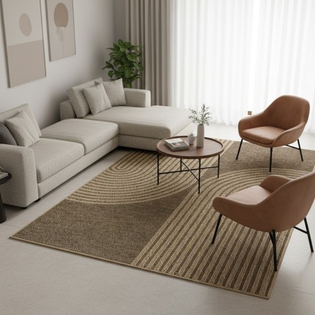 Alfombra plana de tejido plano para interiores y exteriores con un moderno estampado gráfico redondeado, duradera y fácil de