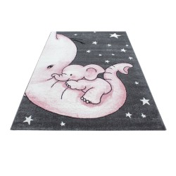 Tapis de chambre d´enfant éléphant et etoiles Gris-Blanc-Rose