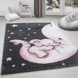 Tappeto per cameretta bambini con elefante e stelle, grigio-bianco-rosa