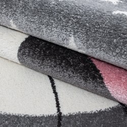 Children's bedroom rug with cat and stars, grey-white-pink