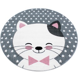 Alfombra infantil con gato y estrellas, gris-blanco-rosa