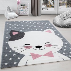 Tappeto per cameretta bambini con gatto e stelle, grigio-bianco-rosa