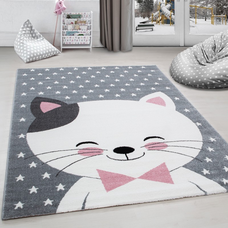Alfombra infantil con gato y estrellas, gris-blanco-rosa