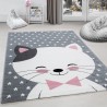 Tapis de chambre d´enfant chat et etoiles Gris-Blanc-Rose