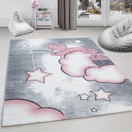 Tappeto per cameretta bambini con orso che pesca stelle e nuvole, grigio-bianco-rosa