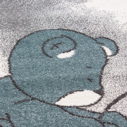 Children's bedroom rug with bear fishing for stars and clouds, grey-white-blue