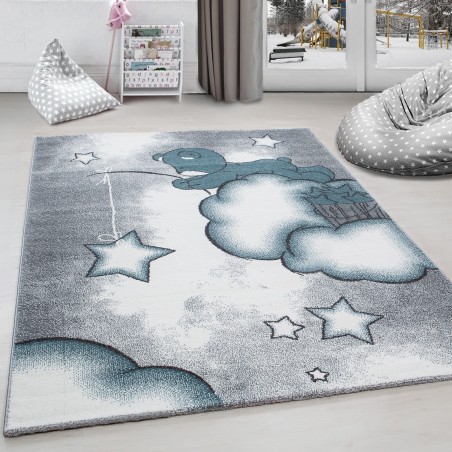 Alfombra infantil con oso pescando estrellas y nubes, gris-blanco-azul