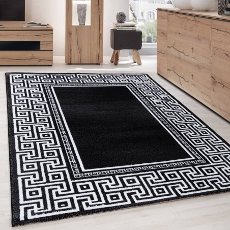 Alfombra de diseño geométrico moderno con borde óptico Versace, en blanco y negro