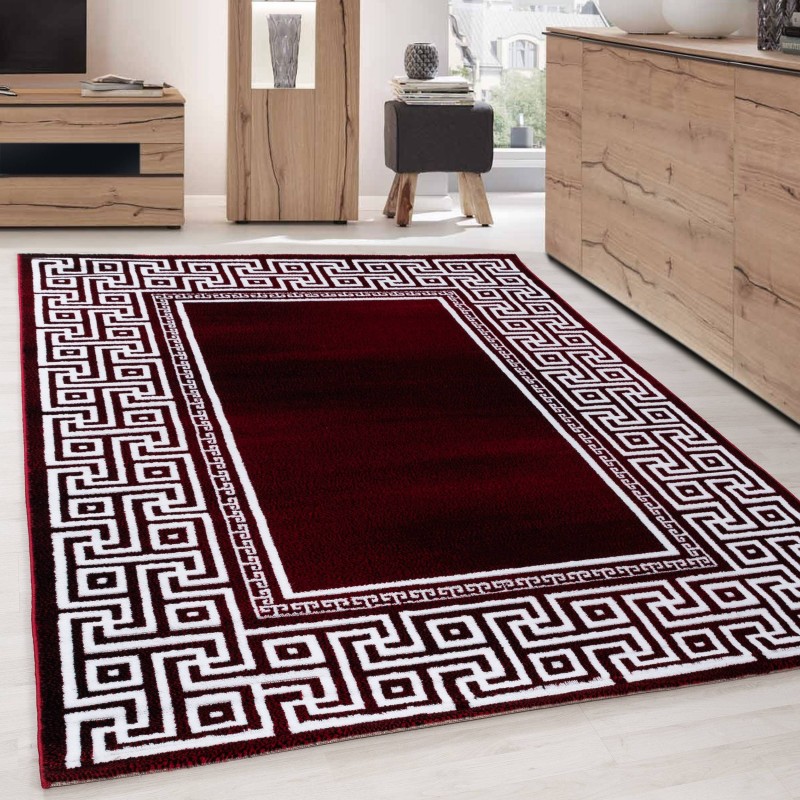 Tappeto moderno con design geometrico e bordo ottico, nero, rosso e bianco