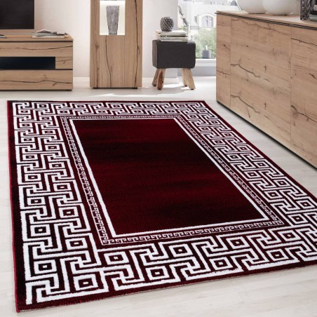 Tappeto moderno con design geometrico e bordo ottico, nero, rosso e bianco