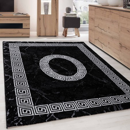 Moderner Design-Teppich mit schwarz-weißer Bordüre aus optischem Marmor