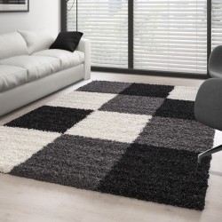 Shaggy rug with long pile, checkered pattern, BLACK WHITE GREY