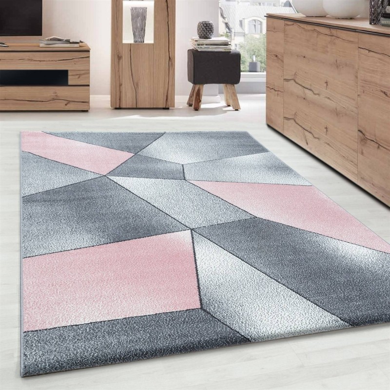 Tappeto dal design moderno con motivi geometrici, pelo corto, grigio, rosa, bianco