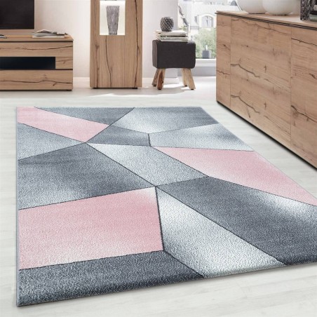 Tappeto dal design moderno con motivi geometrici, pelo corto, grigio, rosa, bianco