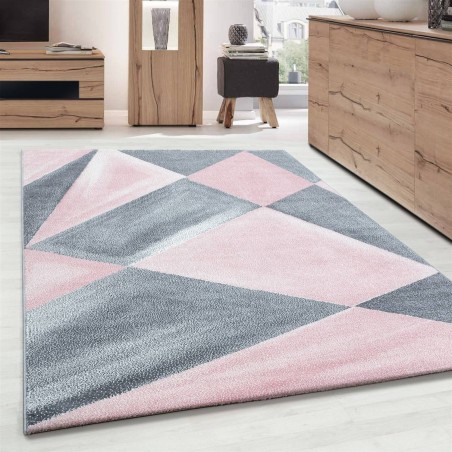 Tapis Design Moderne motifs Géométriques poils courte Gris Rose Blanc Moucheté