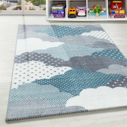 Tapis Enfant Chambre de Bébé motif Nuages Bleu Gris Blanc