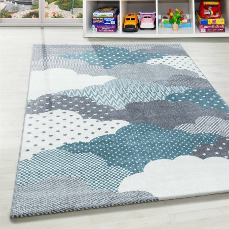Children's Rug for Baby's Room with Blue Grey White Cloud Pattern