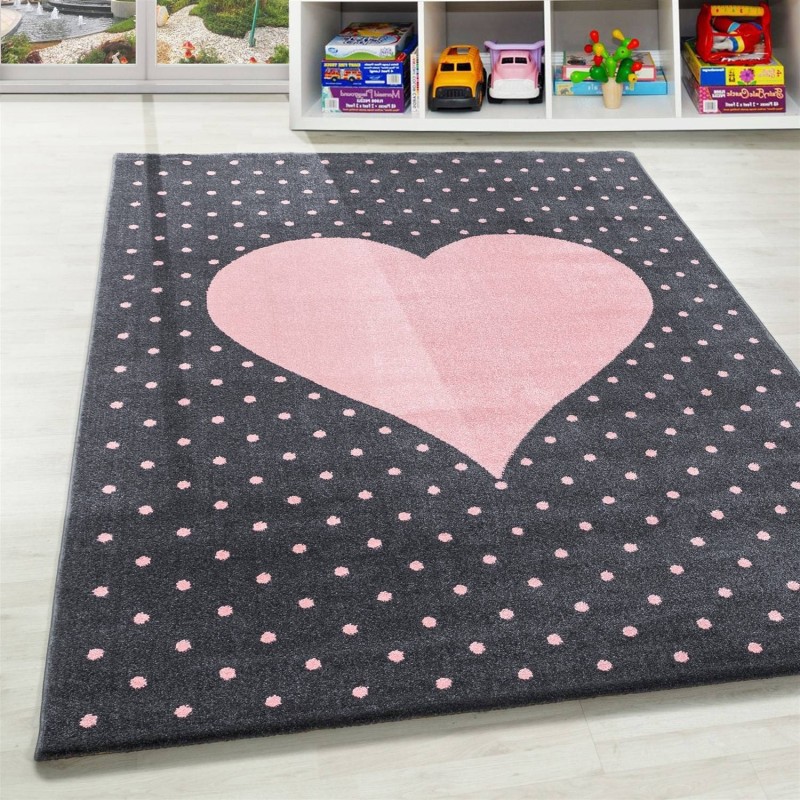 Alfombra infantil para habitación de bebé con estampado de corazones rosas y grises