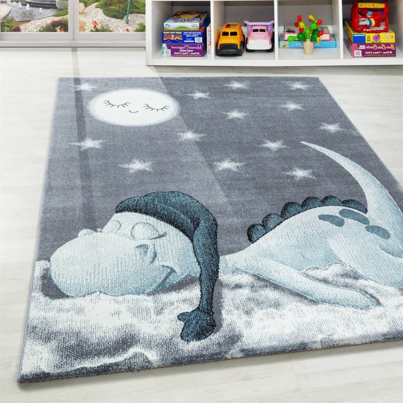 Alfombra infantil para habitación de bebé con estampado de dinosaurios, gris, azul y blanco