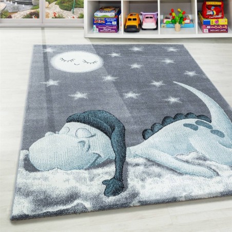 Kinderteppich fürs Babyzimmer mit Dino-Muster, Grau, Blau, Weiß