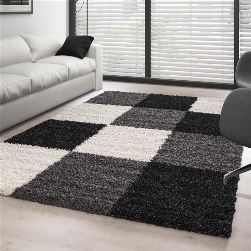 Tapis Shaggy pile longue à carreaux plusiuers couleurs et tailles au choix
