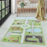 Children's short pile rug with traffic scene pattern, green