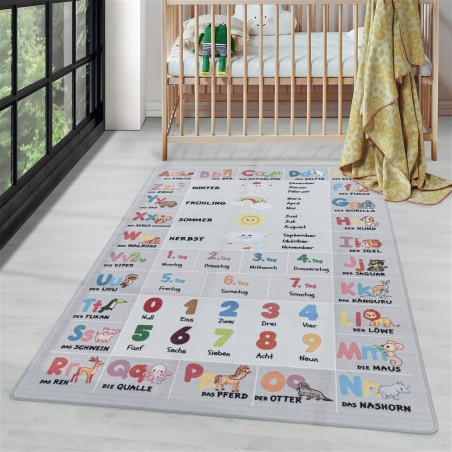 Tapis de enfants à poils courts Motif de Lettres numéros Saisons Gris