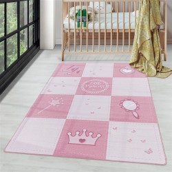 Alfombra infantil de pelo corto, diseño de varita mágica de princesa, color rosa.