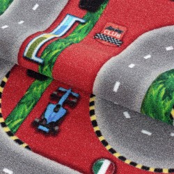 Alfombra infantil de pelo corto con diseño de pista de carreras de coches, color rojo