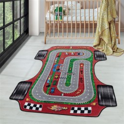 Tapis de enfants à poils courts Motif de piste course voiture Rouge