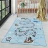Children's rug with short pile and a maritime pirate design, blue.