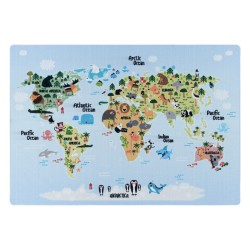 Children's rug, short pile, world map pattern, animals, white