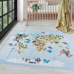Children's rug, short pile, world map pattern, animals, white